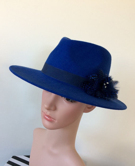 Royal blue wool felt fedora hat country living race day hat