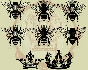 Queen bee svg, Crown svg, Bee svg, Queen Bee, Crown Monogram, Clipart, T Shirt, Overlay, Silhouette, Cut File, ai,eps, png, dxf, svg