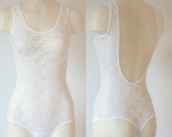 White Lace Bodysuit: Woman's Leotard, Lace Lingerie, White Bodysuit, Lace Thong, White Thong, Tank bodysuit, Lace Leotard, Bridal Lingerie