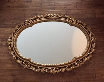 Large Gold Mirror, Oval Mirror, Hollywood Mirror, 1980, Bathroom Mirror, Large Vintage Mirror, Livingroom Mirror, Bedroom Mirror, Hallway