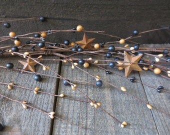 5 Feet Country Caramel Tan & Black Primtive Wispy Mixed Pip Berry Garland with Rusty Stars 60 inches