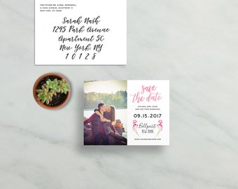 simple modern save the dates // pink watercolor floral sprigs // brush hand lettering calligraphy // PRINTED save the date magnets cards