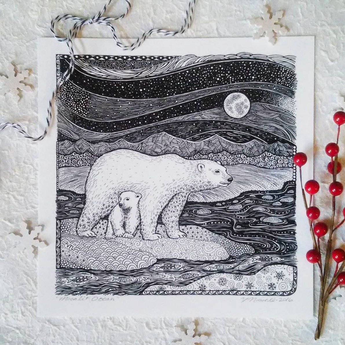 Polar Bears Art Print Zentangle Giclee Wall by MoonfishStudio