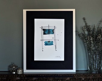 Minimalist original painting. With ink and blue-green