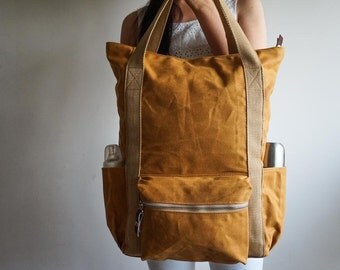 Convertible Waxed Canvas Backpack, 8 Pockets, Canvas Diaper Backpack, Laptop Backpack, Waxed Canvas Tote, Vegan Backpack Bag, Burnt yellow