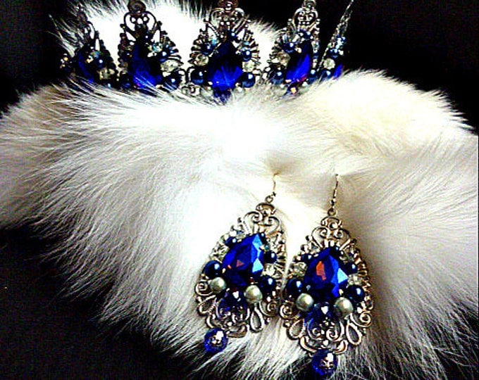 Silver Royal Blue Rhinestones Swarovski Tiara pageant girl Crown Earrings miss america Prom Wedding Bridal Metal Jewelry Set Gift Woman Her
