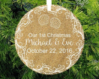 Beach Sand Clam Shell Ornament- Beach | Wedding Personalized Gift- Beach Wedding Ornament | CO-SCS-11172016-1 | lovebirdschristmas