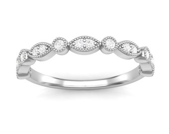 White Gold Wedding Band Stackable Band 0.17ct Round Diamond Band Marquise Shape Vintage Band with Round Bezel Brand New 14K 16 Diamonds I SI