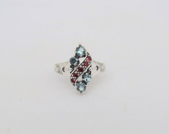 Vintage Sterling Silver Aquamarine & Garnet Ring Size 6