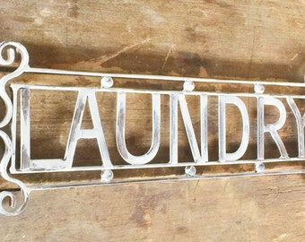 Vintage Metal Laundry Sign Linen Cream Distressed Paint