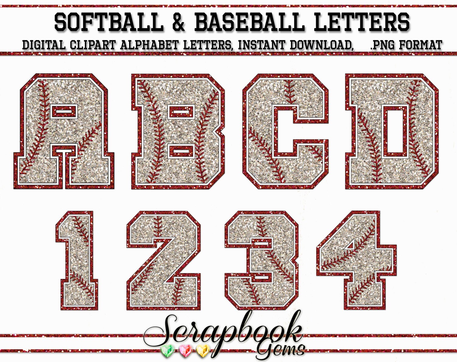 Softball / Baseball Sports Letters & Numbers Clipart 36 High