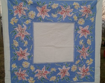 Vintage Floral Table Cloth Blue with Lily Pattern Square Vintage Tablecloth Linen