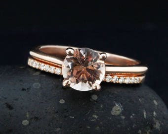 Rose Gold Pink Morganite Ring - Engagement Ring & Band Set - Half-Eternity Diamond Wedding Band