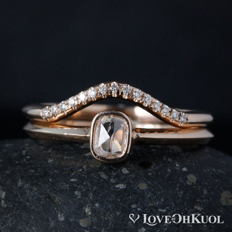 Rose Cut Diamond Ring Rectangular Diamond Curved Wedding