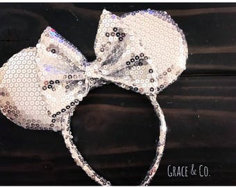 Silver Glittered Minnie Mouse Ears || Handmade Sequin Minnie Headband