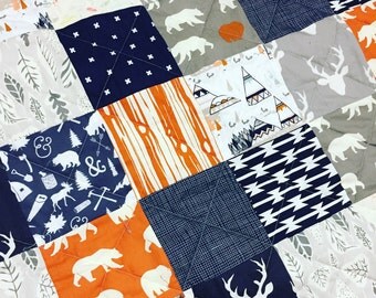 Woodland quilt, baby quilt, deer quilt, buck, blue and orange, bear, crib quilt, modern quilt, baby boy quilt, blanket