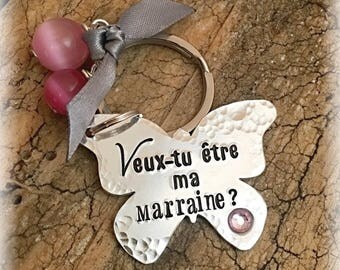 Hand Stamped Veux-tu être ma Marraine?, Personalised French Godmother Keyring