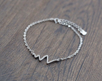925 Sterling Silver Bracelets for Women Jewelry, Wave Or Lightning Charm Tiny CZ stone Pave Thin Chain & Link Bracelets Girl Gift - SS06