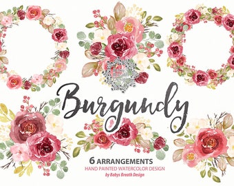 Watercolor Burgundy Wreaths, arrangements, Flower Clip Art Hand Drawn Flowers