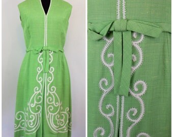 Vintage 1960s Soutache Trim Dress - Linen Party Dress with Bow Belt - Green 60s Dress - Size Medium