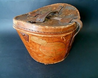 Antique Leather Hat Box - Steampunk Top Hat Luggage with Complete Red Velvet Inner - Vintage Dressing Room / Shop Decor Idea - England 1890s