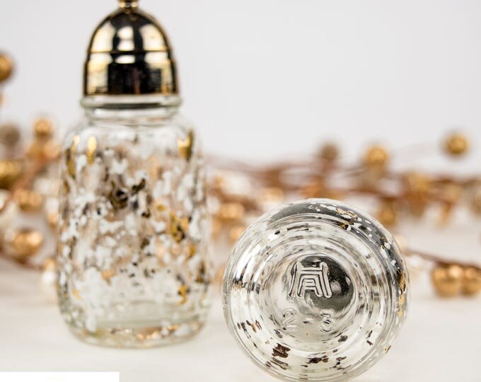 Vintage Salt & Pepper Shakers | MCM Hazel Atlas Glass Gold / White Splatter Print