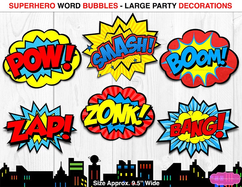 Superhero Word Bubbles Superhero Decorations  Superhero