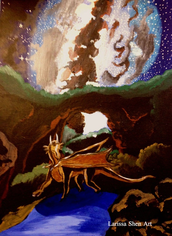 Original Art Acrylic Surreal Fantasy Dragon Painting A Cave of