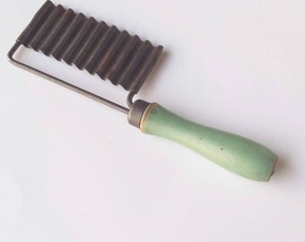 Vintage Jadeite Green Kitchen Crinkle Slicker, Pickle & Potato Rusty Chippy Paint Early Antique Kitchen Utensil, Farmhouse Cottage Rustic