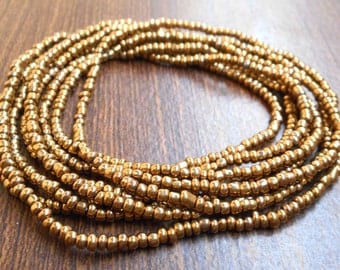 Antique gold beaded double wrap necklace, seed bead gold long necklace.