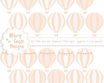 Peach Hot Air Balloon Clipart, PNG, baby girl, baby shower, wedding shower, chevron, dot, flower, floral, heart, star, commercial use OK