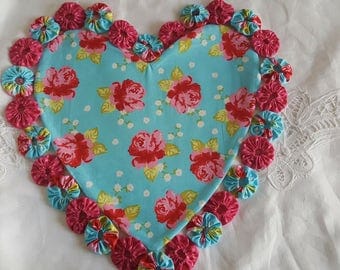 Shabby-Chic Heart quilted table topper, candle mat, table runner, mother's day gift, home decor
