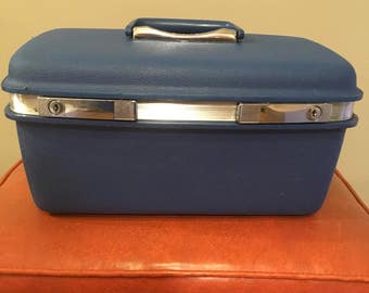 Vintage samsonite traincase suitcase blue traincase makeup case luggage carryon travel bag overnight case Saturn blue storage decor retro