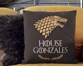 Game of Thrones Pillow of House Stark. Game of Thrones Gift. House Name Personalized Game of Thrones Decorative Pillow. Housewarming Gift.