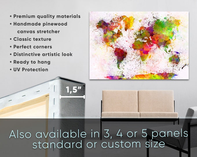 Large Colorful Watercolor World Map Canvas 3 or 5 Set Print, Modern world map / 1 - 5 Panels on Canvas Wall Art for Home & Office Decoration