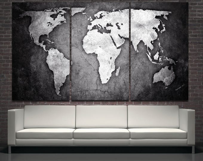 Black and white abstract world map 3 panel canvas or 5 panel canvas set Silver abstract world map modern wall art print on canvas room decor