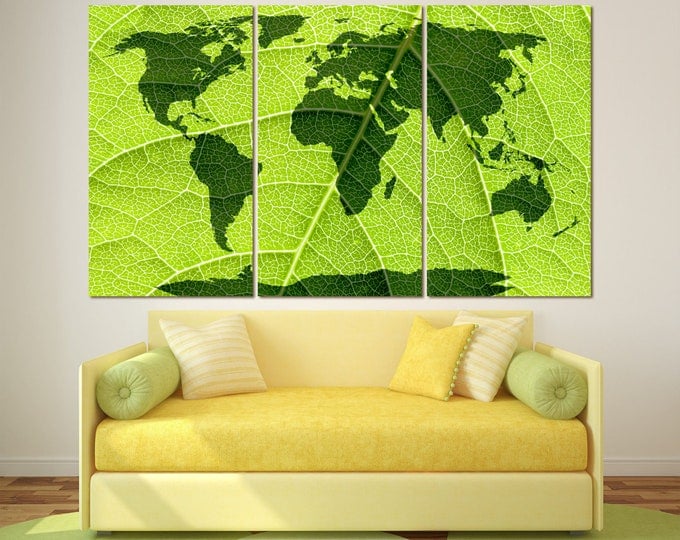 Green leaf abstract art world map extra large canvas set, green abstract unique contemporary wall decor canvas print set of 3 or 5 panels