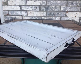Rustic distressed white serving tray/ rustic ottoman tray/ rustic centerpiece tray