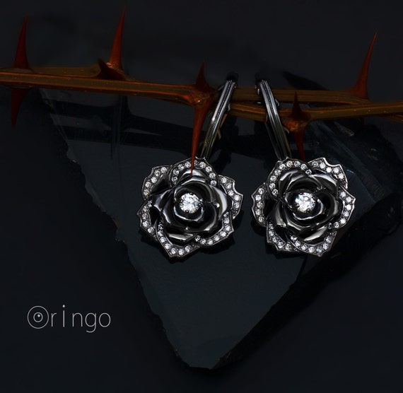 Rose earrings Sterling silver, black rose, SLEEPING BEAUTY, Steampunk weddings, Drop Dangle rose earrings, rose steampunk, Leverback clasp by OringoWorld steampunk buy now online