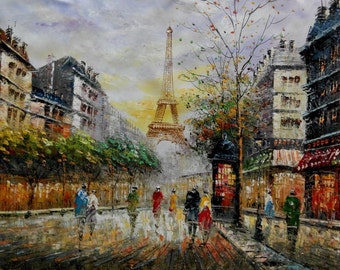 Handcraft Oil painting Paris Street Scene & Eiffel Tower canvas Wall Decor Home Bedroom Paintings