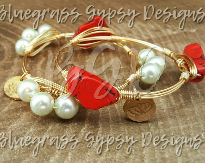 Small Red howlite gemstone Wire Wrapped Bangle, Bracelet, Bourbon and Boweties Inspired