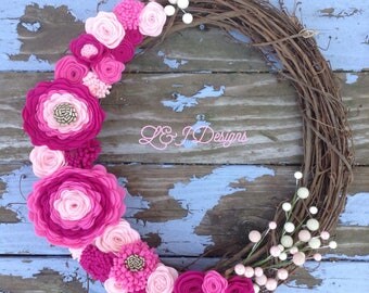 Pretty In Pink Felt Floral Wreath 16" Grapevine Wreath