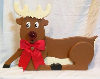 Rudy the Red Nosed Reindeer w/Trough, Wooden Reindeer Statue