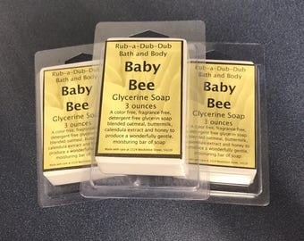 Baby Bee 3 ounce bar of detergent free, fragrance free and dye free glycerine soap