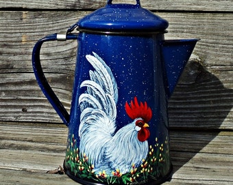 Hand Painted ROOSTER on Enamelware COFFEE KETTLE Pot Graniteware Trish McMurry Art