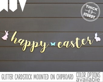 Easter banner, bunny sign, spring banner, Easter decorations, gold glitter party decorations, cursive banner, SPR001