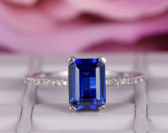 6x8mm Emerald Cut Sapphire engagement ring/14k white gold diamond band/Half Eternity Bridal wedding ring/Birthstone gift/Ball prong/Pave set
