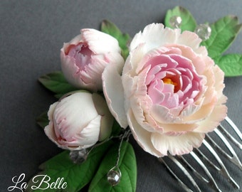 Comb with peonies, polymer clay flowers, wedding accessories,