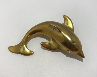 CLEARANCE - Gold Dolphin brooch. Vintage dolphin 1980 with rhinestones brooch