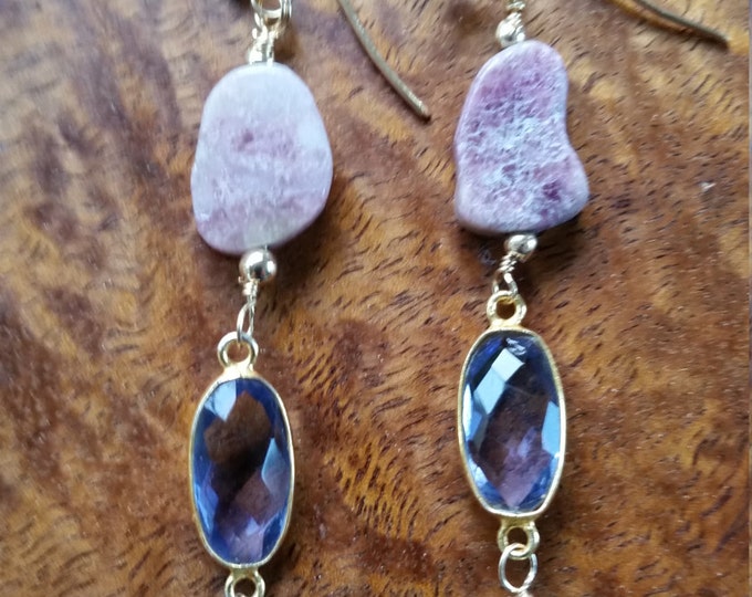 These Earrings are Raw Ruby, Iolite, and Raw Apatite with 14 K GF Wire